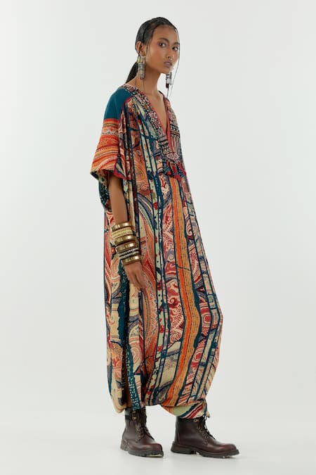 Shop_Aseem Kapoor_Multi Color Crepe V-neck Vayu Printed Kaftan Jumpsuit _Online_at_Aza_Fashions