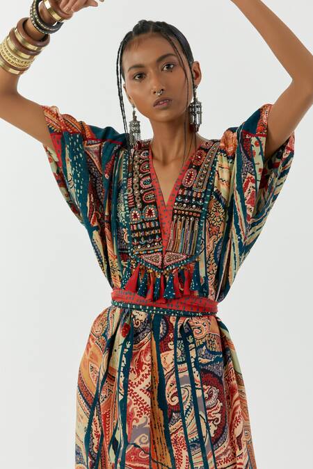 Aseem Kapoor_Multi Color Crepe V-neck Vayu Printed Kaftan Jumpsuit _at_Aza_Fashions