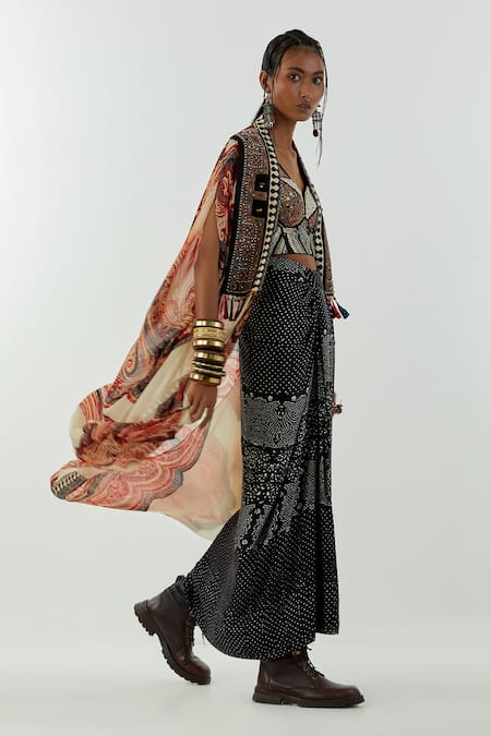 Shop Aseem Kapoor Black Blouse-cotton Silk, Jacket-sheer Silk, Ritu Sheer Jacket And Skirt Set Online at Aza Fashions Shop_Aseem Kapoor_Black Blouse-cotton Silk, Jacket-sheer Silk, Ritu Sheer Jacket And Skirt Set_Online_at_Aza_Fashions