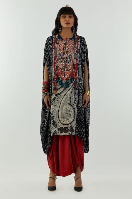 Buy_Aseem Kapoor_Black Natural Crepe Ambi, Resham Thread Ritu Print Kaftan Tunic And Pant Set_Online_at_Aza_Fashions