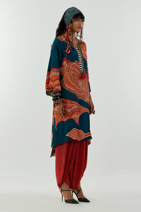 Shop Aseem Kapoor Blue Natural Crepe Notched Mitra Printed Kurta And Pant Set at Aza Fashions Shop_Aseem Kapoor_Blue Natural Crepe Notched Mitra Printed Kurta And Pant Set_at_Aza_Fashions