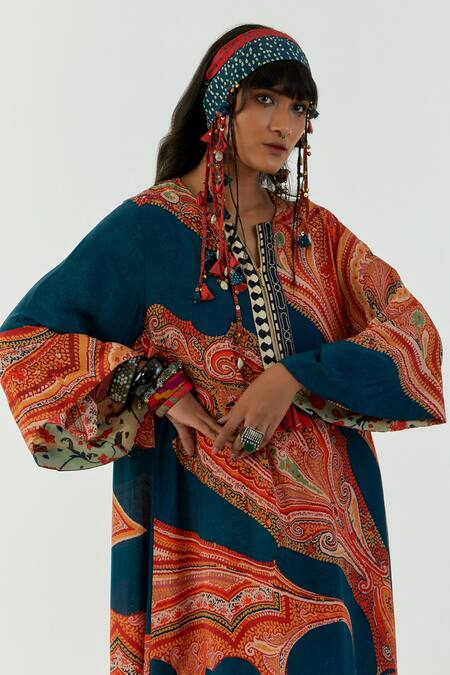 Buy Aseem Kapoor Blue Natural Crepe Notched Mitra Printed Kurta And Pant Set Online at Aza Fashions Buy_Aseem Kapoor_Blue Natural Crepe Notched Mitra Printed Kurta And Pant Set_Online_at_Aza_Fashions