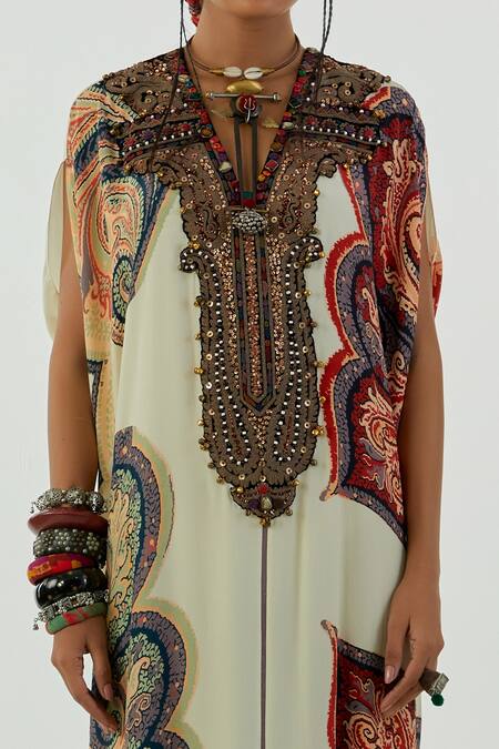 Aseem Kapoor_White Crepe Embroidery V-neck Vayu Ambi Print Kaftan Jumpsuit _Online_at_Aza_Fashions