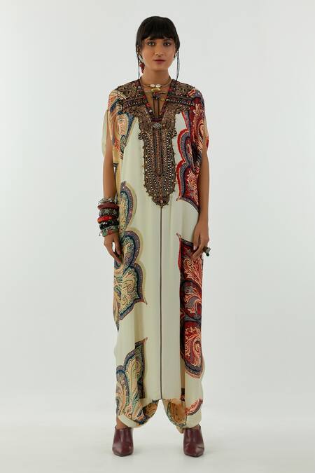 Buy_Aseem Kapoor_White Crepe Embroidery V-neck Vayu Ambi Print Kaftan Jumpsuit _Online_at_Aza_Fashions
