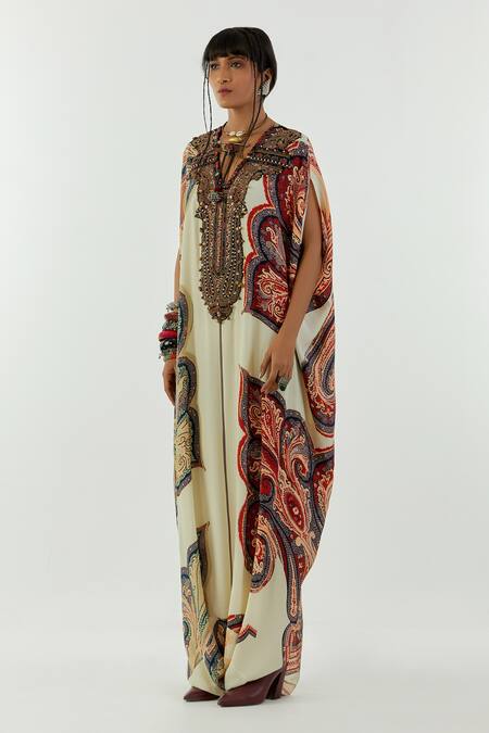 Shop_Aseem Kapoor_White Crepe Embroidery V-neck Vayu Ambi Print Kaftan Jumpsuit _Online_at_Aza_Fashions