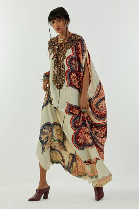 Aseem Kapoor_White Crepe Embroidery V-neck Vayu Ambi Print Kaftan Jumpsuit _at_Aza_Fashions