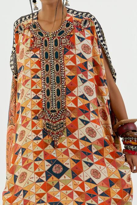 Aseem Kapoor_Multi Color Satin, Crepe, Linen Ritu Placket Kaftan Tunic And Sharara Set_at_Aza_Fashions