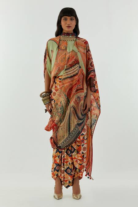 Aseem Kapoor_Green Crepe, Organza Sadhvi Printed Pre-draped Saree _Online_at_Aza_Fashions