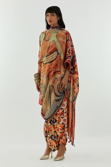 Buy_Aseem Kapoor_Green Crepe, Organza Sadhvi Printed Pre-draped Saree _Online_at_Aza_Fashions