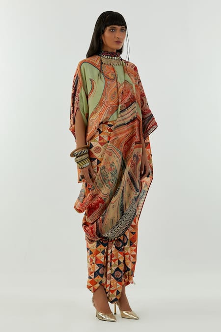 Shop_Aseem Kapoor_Green Crepe, Organza Sadhvi Printed Pre-draped Saree _Online_at_Aza_Fashions