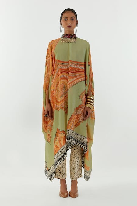Aseem Kapoor Green Crepe, Satin, Linen Round Neck Ritu Printed Kaftan Tunic And Trouser Set Online at Aza Fashions Aseem Kapoor_Green Crepe, Satin, Linen Round Neck Ritu Printed Kaftan Tunic And Trouser Set_Online_at_Aza_Fashions
