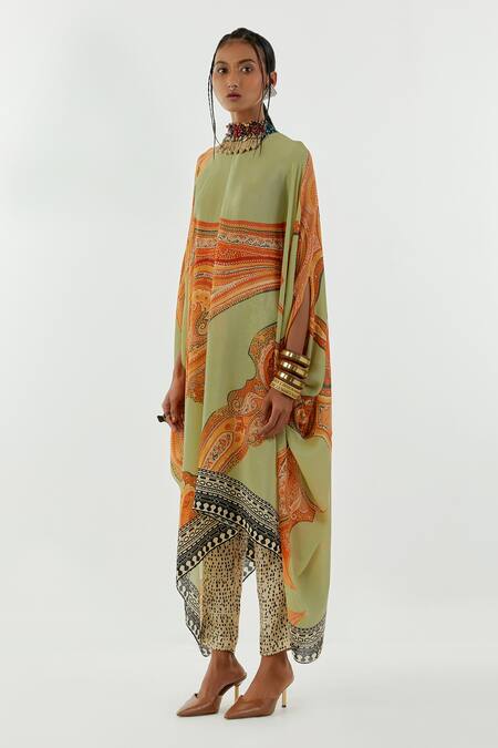 Buy Aseem Kapoor Green Crepe, Satin, Linen Round Neck Ritu Printed Kaftan Tunic And Trouser Set Online at Aza Fashions Buy_Aseem Kapoor_Green Crepe, Satin, Linen Round Neck Ritu Printed Kaftan Tunic And Trouser Set_Online_at_Aza_Fashions