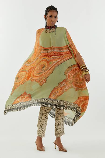 Shop Aseem Kapoor Green Crepe, Satin, Linen Round Neck Ritu Printed Kaftan Tunic And Trouser Set Online at Aza Fashions Shop_Aseem Kapoor_Green Crepe, Satin, Linen Round Neck Ritu Printed Kaftan Tunic And Trouser Set_Online_at_Aza_Fashions