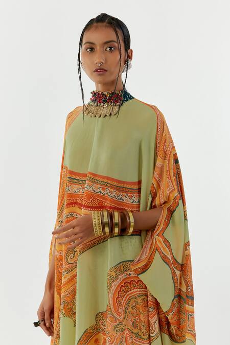 Aseem Kapoor Green Crepe, Satin, Linen Round Neck Ritu Printed Kaftan Tunic And Trouser Set at Aza Fashions Aseem Kapoor_Green Crepe, Satin, Linen Round Neck Ritu Printed Kaftan Tunic And Trouser Set_at_Aza_Fashions