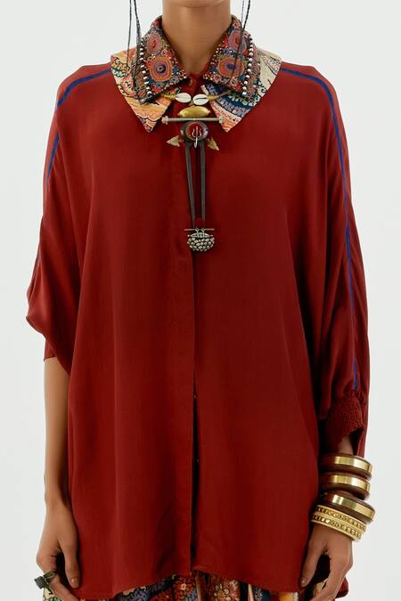 Buy_Aseem Kapoor_Maroon Crepe Tassels Collared Mandala Embroidered Shirt_Online_at_Aza_Fashions