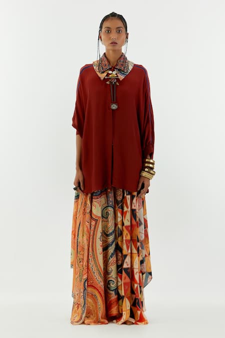 Shop_Aseem Kapoor_Maroon Crepe Tassels Collared Mandala Embroidered Shirt_Online_at_Aza_Fashions