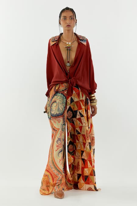 Aseem Kapoor_Maroon Crepe Tassels Collared Mandala Embroidered Shirt_at_Aza_Fashions