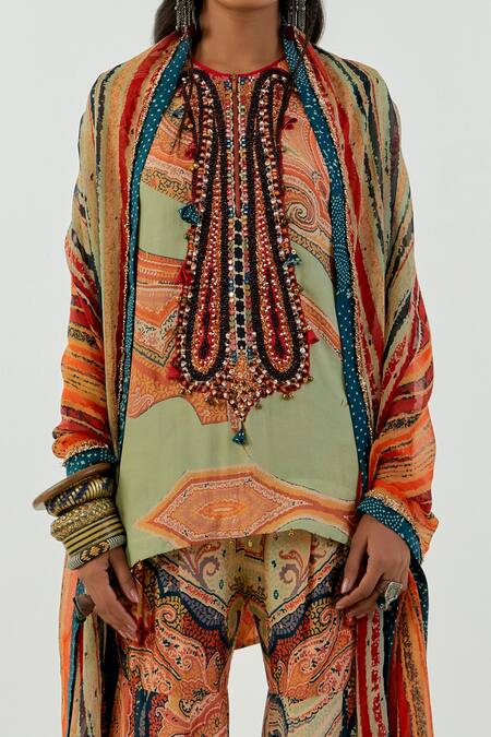 Aseem Kapoor_Green Crepe, Silk Mirrors, Sequins, Beads Round Mitra Printed Short Kurta Set_Online_at_Aza_Fashions