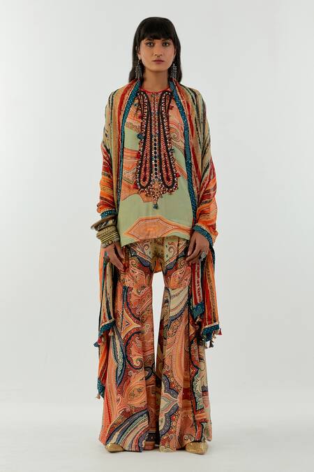 Buy_Aseem Kapoor_Green Crepe, Silk Mirrors, Sequins, Beads Round Mitra Printed Short Kurta Set_Online_at_Aza_Fashions