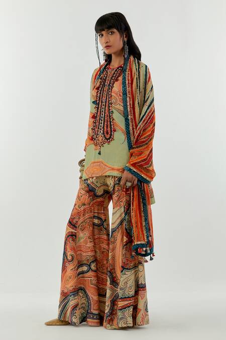 Shop_Aseem Kapoor_Green Crepe, Silk Mirrors, Sequins, Beads Round Mitra Printed Short Kurta Set_Online_at_Aza_Fashions