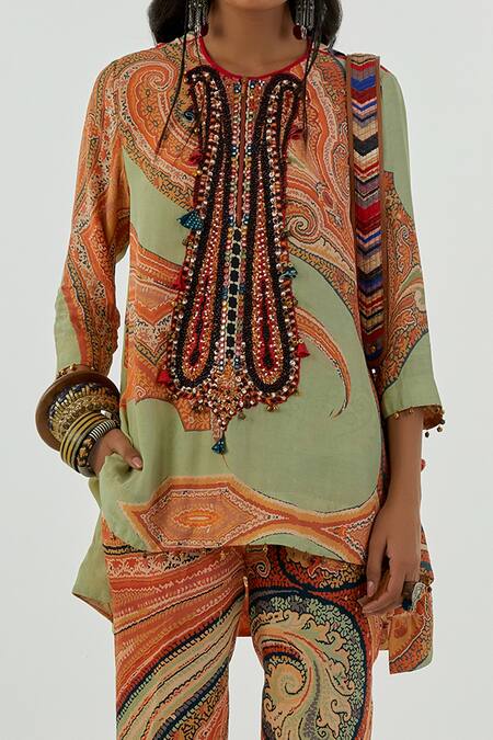 Aseem Kapoor_Green Crepe, Satin Beads, Mirrors, Sequins Mitra Ambi Print Kurta And Trouser Set_Online_at_Aza_Fashions