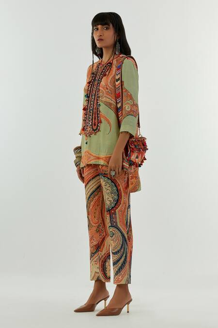 Buy_Aseem Kapoor_Green Crepe, Satin Beads, Mirrors, Sequins Mitra Ambi Print Kurta And Trouser Set_Online_at_Aza_Fashions