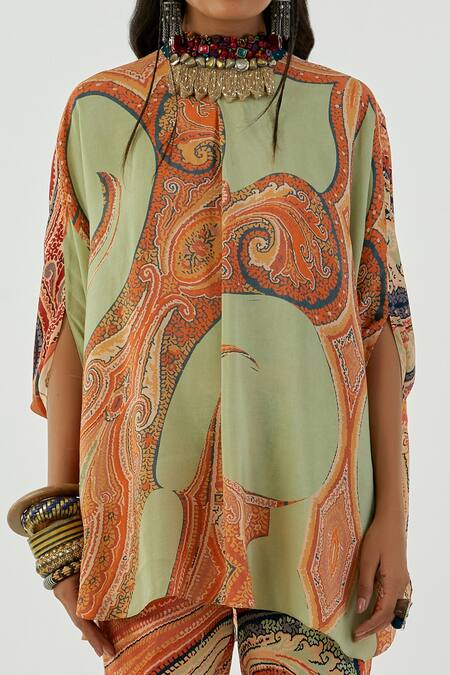 Aseem Kapoor Green Crepe, Satin Stones, Embroidery Round Neck Ritu Printed Top And Trouser Set Online at Aza Fashions Aseem Kapoor_Green Crepe, Satin Stones, Embroidery Round Neck Ritu Printed Top And Trouser Set_Online_at_Aza_Fashions