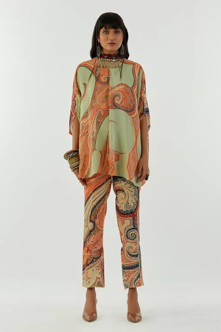 Buy Aseem Kapoor Green Crepe, Satin Stones, Embroidery Round Neck Ritu Printed Top And Trouser Set Online at Aza Fashions Buy_Aseem Kapoor_Green Crepe, Satin Stones, Embroidery Round Neck Ritu Printed Top And Trouser Set_Online_at_Aza_Fashions