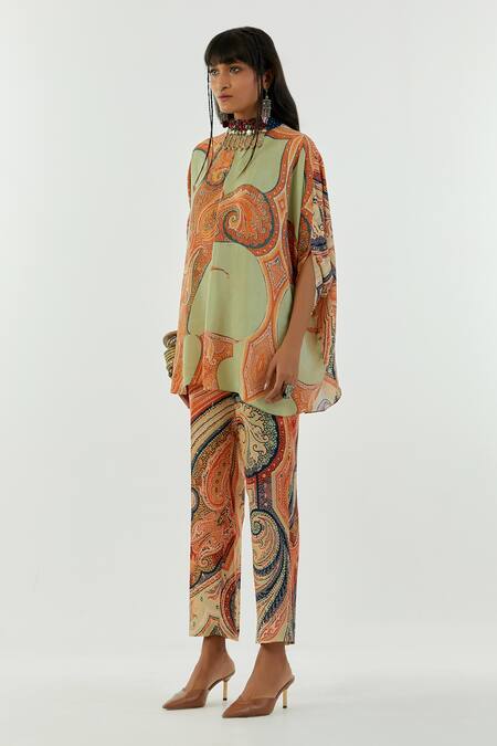 Shop Aseem Kapoor Green Crepe, Satin Stones, Embroidery Round Neck Ritu Printed Top And Trouser Set Online at Aza Fashions Shop_Aseem Kapoor_Green Crepe, Satin Stones, Embroidery Round Neck Ritu Printed Top And Trouser Set_Online_at_Aza_Fashions