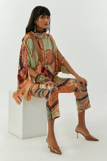 Aseem Kapoor Green Crepe, Satin Stones, Embroidery Round Neck Ritu Printed Top And Trouser Set at Aza Fashions Aseem Kapoor_Green Crepe, Satin Stones, Embroidery Round Neck Ritu Printed Top And Trouser Set_at_Aza_Fashions