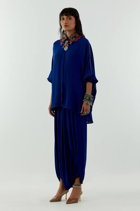 Aseem Kapoor_Blue Natural Crepe Spread Collar Mandala Shirt And Draped Trouser Set_Online_at_Aza_Fashions