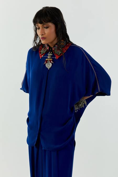 Buy_Aseem Kapoor_Blue Natural Crepe Spread Collar Mandala Shirt And Draped Trouser Set_Online_at_Aza_Fashions
