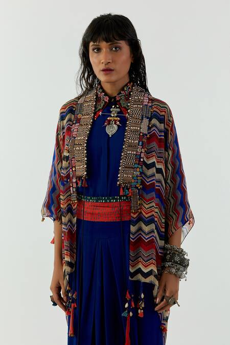 Aseem Kapoor_Blue Jacket-sheer Silk, Shirt And Trouser-natural Crepe Mandala Draped Trouser Set_Online_at_Aza_Fashions
