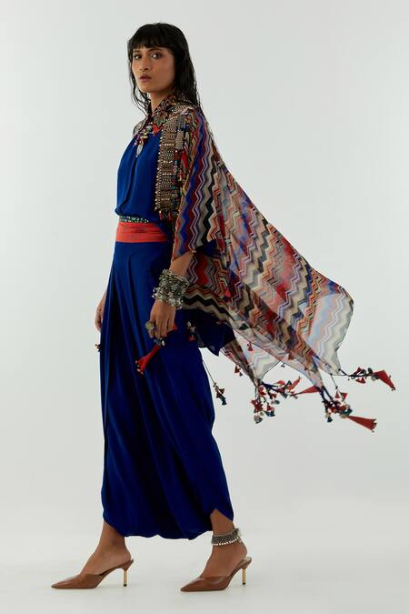 Buy_Aseem Kapoor_Blue Jacket-sheer Silk, Shirt And Trouser-natural Crepe Mandala Draped Trouser Set_Online_at_Aza_Fashions