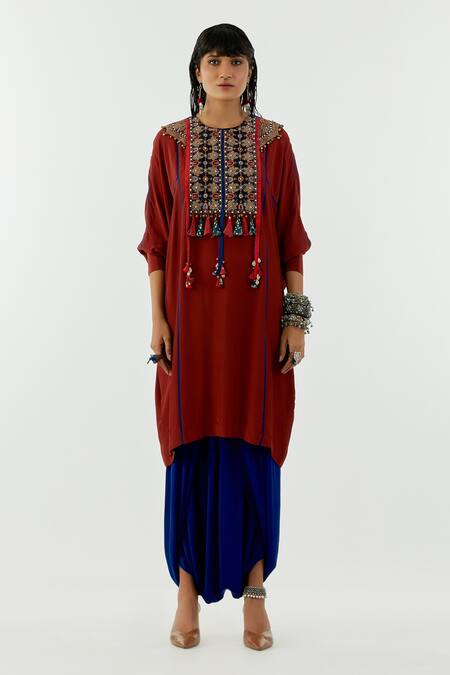 Aseem Kapoor_Maroon Crepe Tassels Round Trapeze Yoke Embroidered Kurta And Draped Trouser Set_Online_at_Aza_Fashions