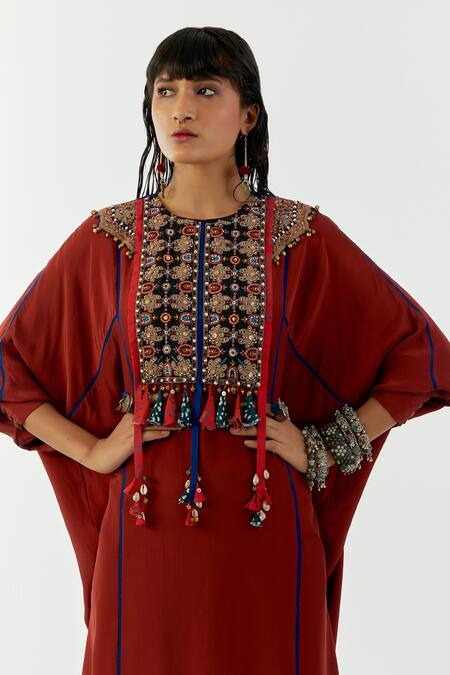 Shop_Aseem Kapoor_Maroon Crepe Tassels Round Trapeze Yoke Embroidered Kurta And Draped Trouser Set_Online_at_Aza_Fashions