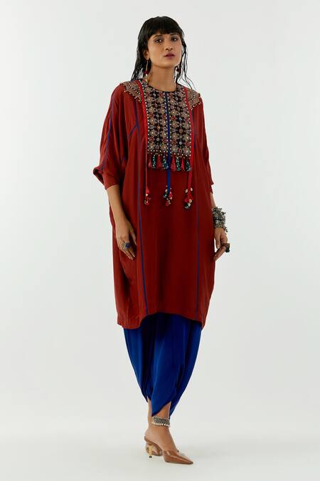 Aseem Kapoor_Maroon Crepe Tassels Round Trapeze Yoke Embroidered Kurta And Draped Trouser Set_at_Aza_Fashions