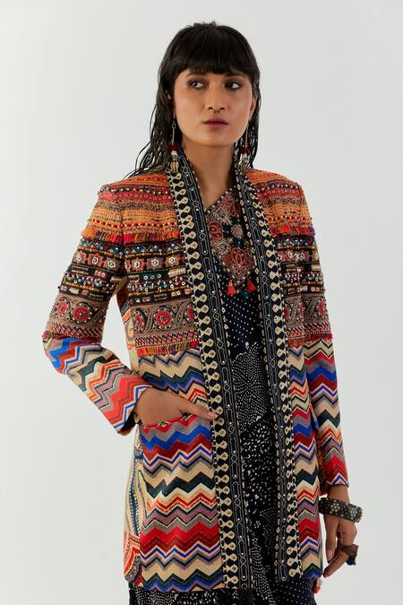 Aseem Kapoor Multi Color Mushroom Twill Zari Marodi Resham Thread Dhana Chevron Print Jacket Online at Aza Fashions Aseem Kapoor_Multi Color Mushroom Twill Zari Marodi Resham Thread Dhana Chevron Print Jacket _Online_at_Aza_Fashions