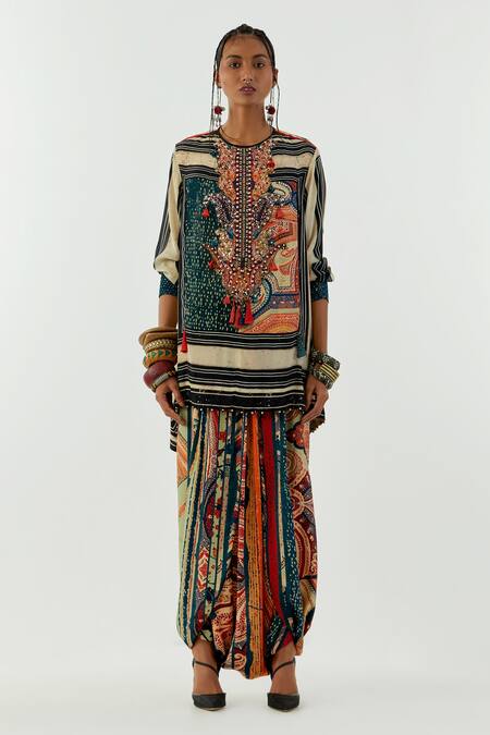 Shop Aseem Kapoor Multi Color Crepe Sequins, Beads Round Mitra Printed Kurta And Draped Trouser Set Online at Aza Fashions Shop_Aseem Kapoor_Multi Color Crepe Sequins, Beads Round Mitra Printed Kurta And Draped Trouser Set_Online_at_Aza_Fashions