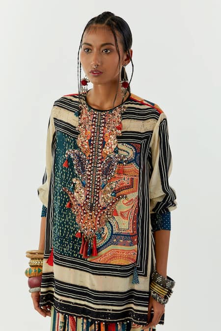 Aseem Kapoor Multi Color Crepe Sequins, Beads Round Mitra Printed Kurta And Draped Trouser Set at Aza Fashions Aseem Kapoor_Multi Color Crepe Sequins, Beads Round Mitra Printed Kurta And Draped Trouser Set_at_Aza_Fashions