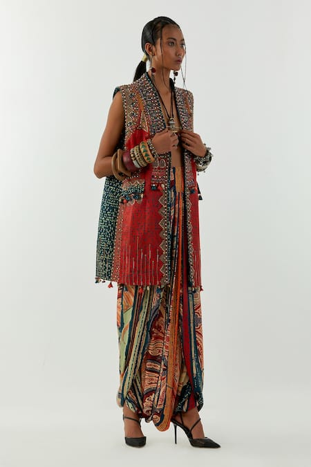 Aseem Kapoor_Red Satin Linen Zari Marodi Resham Open Ruhi Sleeveless Jacket _Online_at_Aza_Fashions