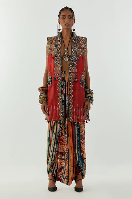 Buy_Aseem Kapoor_Red Satin Linen Zari Marodi Resham Open Ruhi Sleeveless Jacket _Online_at_Aza_Fashions