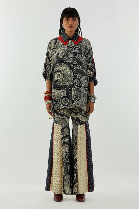 Shop Aseem Kapoor Black Sharara- Mulmul, Shirt-natural Crepe Mandala Shirt Collar And Printed Set at Aza Fashions Shop_Aseem Kapoor_Black Sharara- Mulmul, Shirt-natural Crepe Mandala Shirt Collar And Printed Set_at_Aza_Fashions