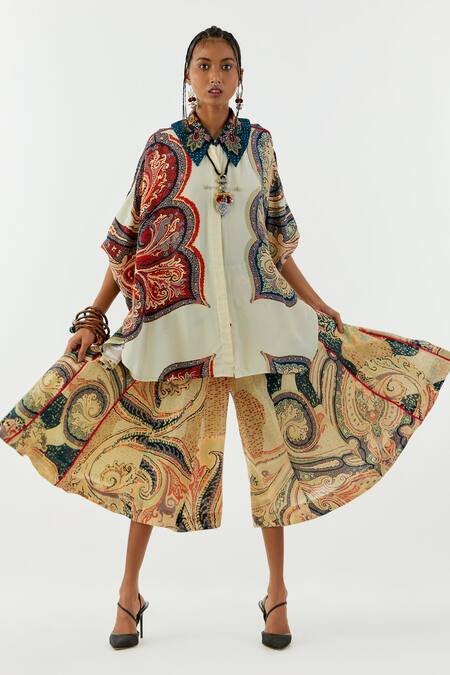 Aseem Kapoor White Crepe Zari, Embroidery Mandala Printed Shirt And Culotte Trouser Set at Aza Fashions Aseem Kapoor_White Crepe Zari, Embroidery Mandala Printed Shirt And Culotte Trouser Set_at_Aza_Fashions