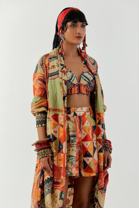 Shop Aseem Kapoor Multi Color Muslin Hina Printed Trench Coat Online at Aza Fashions Shop_Aseem Kapoor_Multi Color Muslin Hina Printed Trench Coat_Online_at_Aza_Fashions