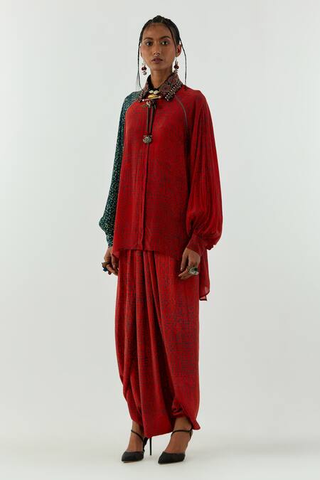 Aseem Kapoor_Red Natural Crepe Marodi, Zari Shirt Collar Atri And Draped Pant Set_Online_at_Aza_Fashions