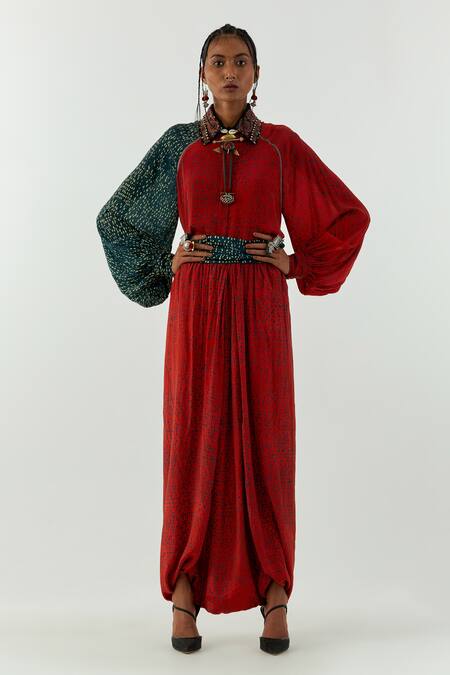Buy_Aseem Kapoor_Red Natural Crepe Marodi, Zari Shirt Collar Atri And Draped Pant Set_Online_at_Aza_Fashions