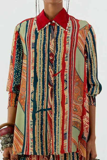 Aseem Kapoor Multi Color Crepe Embroidery Collared Atri Stripe Print Shirt Online at Aza Fashions Aseem Kapoor_Multi Color Crepe Embroidery Collared Atri Stripe Print Shirt _Online_at_Aza_Fashions