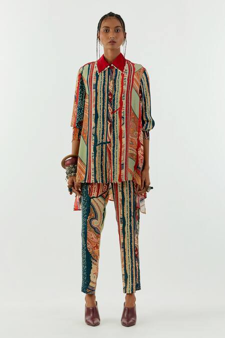 Buy Aseem Kapoor Multi Color Crepe Embroidery Collared Atri Stripe Print Shirt Online at Aza Fashions Buy_Aseem Kapoor_Multi Color Crepe Embroidery Collared Atri Stripe Print Shirt _Online_at_Aza_Fashions