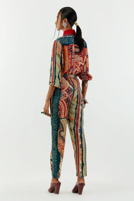 Aseem Kapoor Multi Color Crepe Embroidery Collared Atri Stripe Print Shirt at Aza Fashions Aseem Kapoor_Multi Color Crepe Embroidery Collared Atri Stripe Print Shirt _at_Aza_Fashions